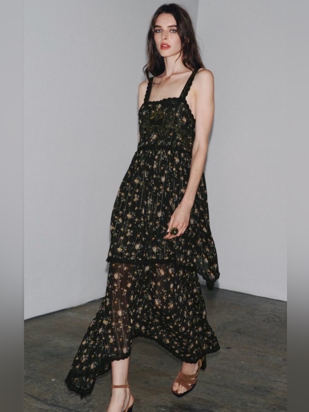 Zara Black Tiered Floral dress size M BOHO/FESTIVAL